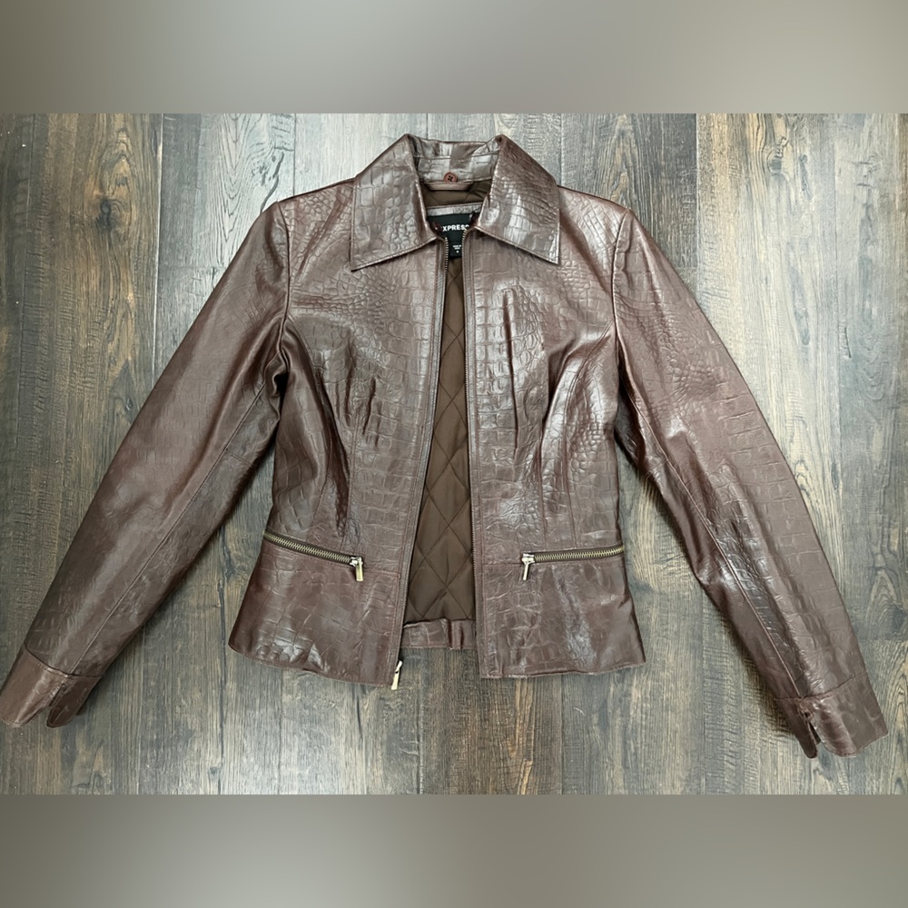 Express Real Leather Brown Croc-Embossed Jacket